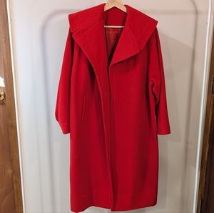 Vintage Women's Red Wool or Cashmere Oversized Pea / Trench Coat with Collar, M
